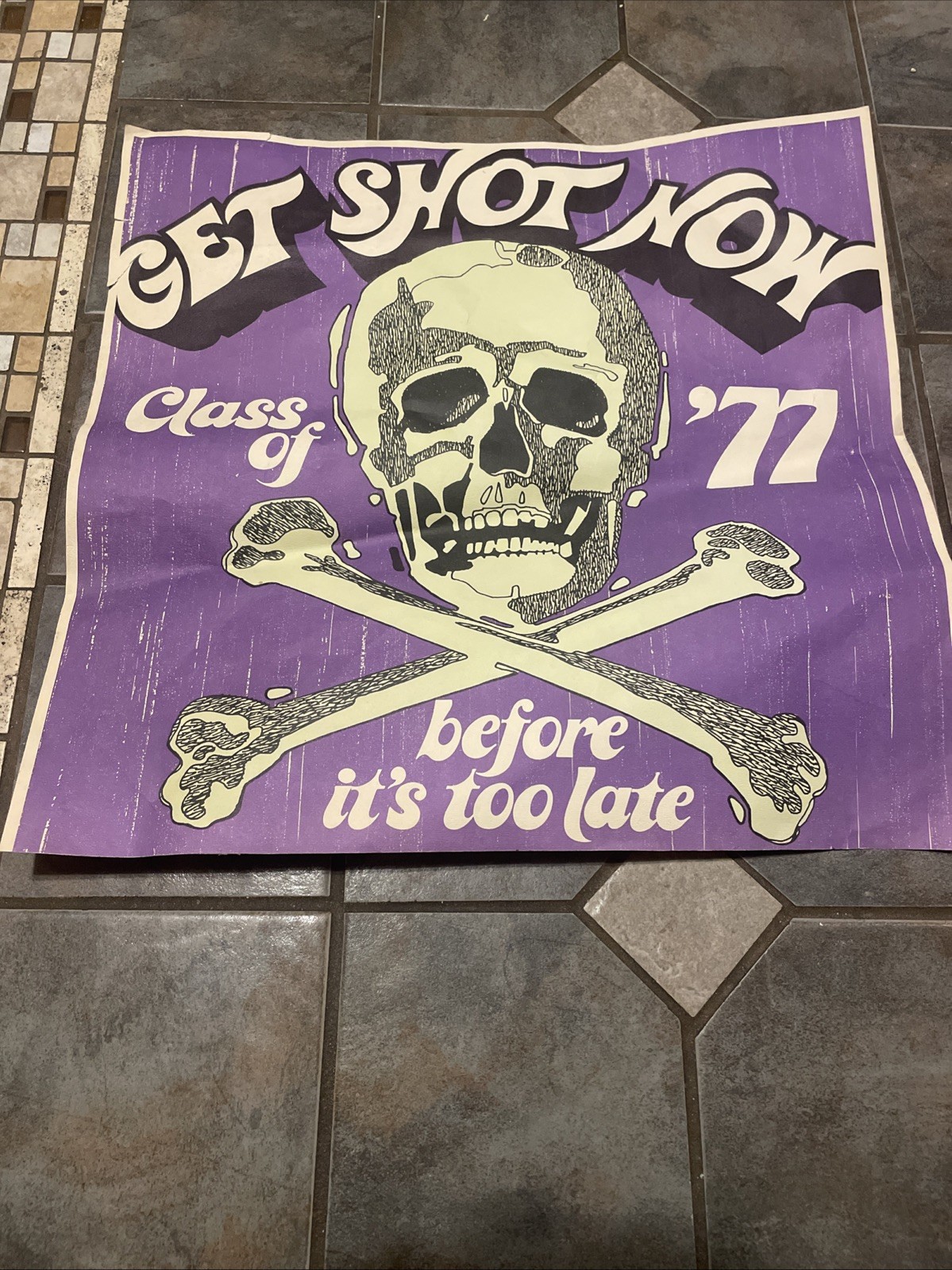 Rare Vintage 1977 SCHOOL Graduation Poster Skeleton Vintage Purple Retro Letters