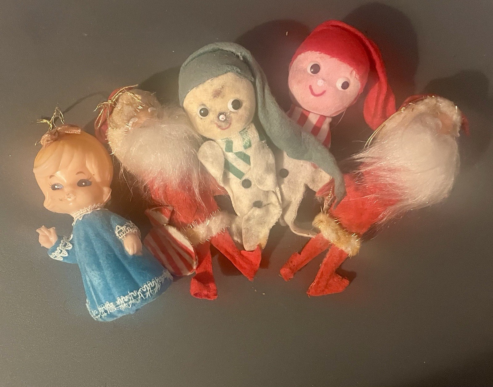 VTG Flocked Christmas Ornaments Lot of 5 Santa Elf Snowman Angel Mid Century MCM