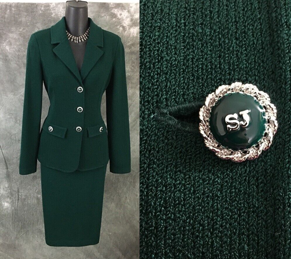 BEAUTIFUL st john collection knit green jacket skirt suit size 2