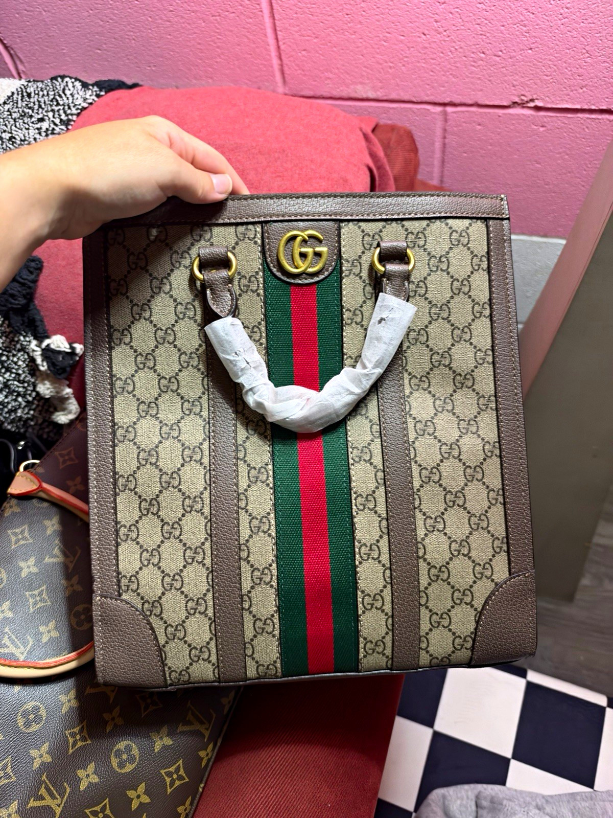 Gucci GG Web Stripe Top Handle Bag Beige/Brown w/ Detachable Strap Zip