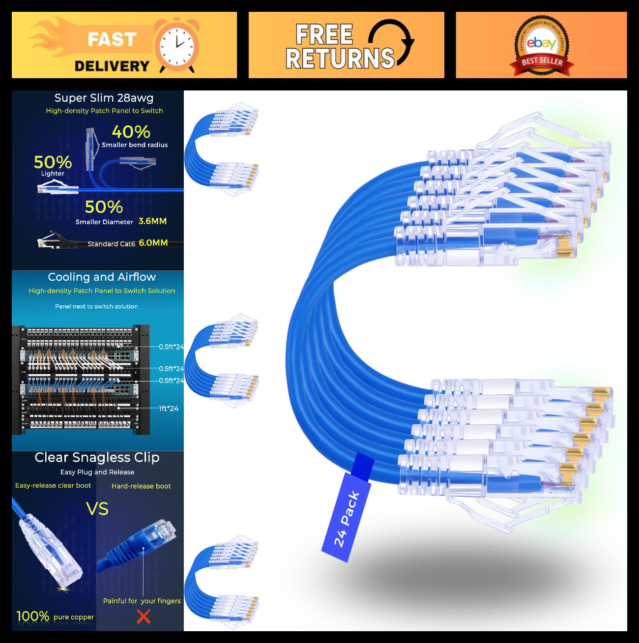 Rapink Patch Cables Cat6/ Cat6a 1ft (24 Pack) Slim, Cat6a Ethernet Patch Cable 1