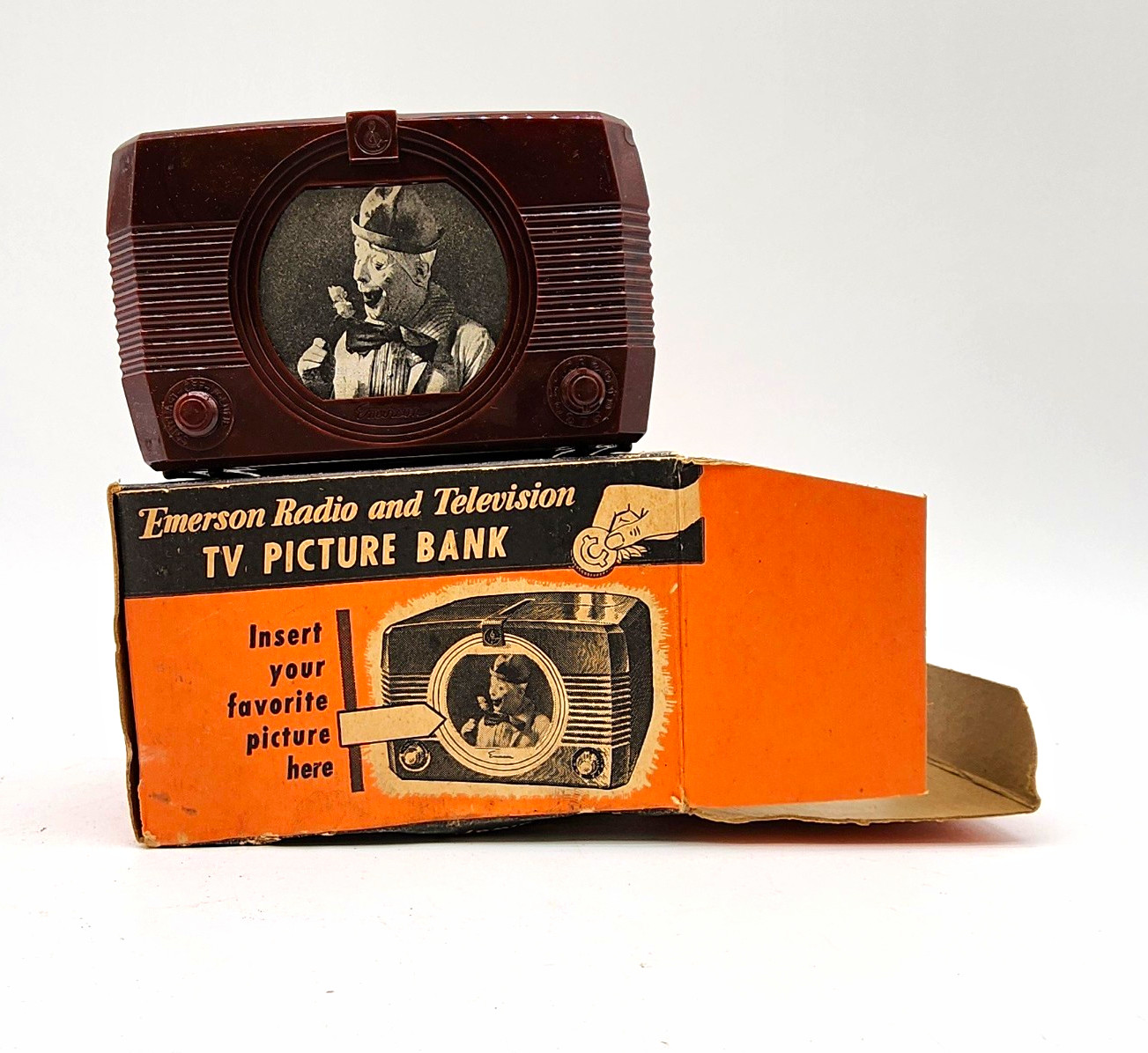 Vintage Emerson TV Picture Coin Bank Brown Bakelite Style Original Box