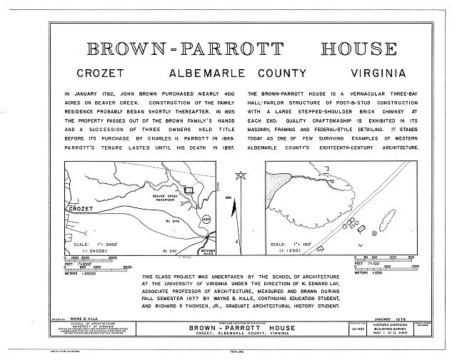 Crozet Virginia Brown-Parrott House 1782 Historic Architecture Map Print 1970s