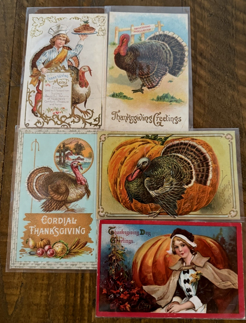 Lot of 5~Antique~Thanksgiving Postcards~with Turkeys~Pilgrim~Children~etc.~s648