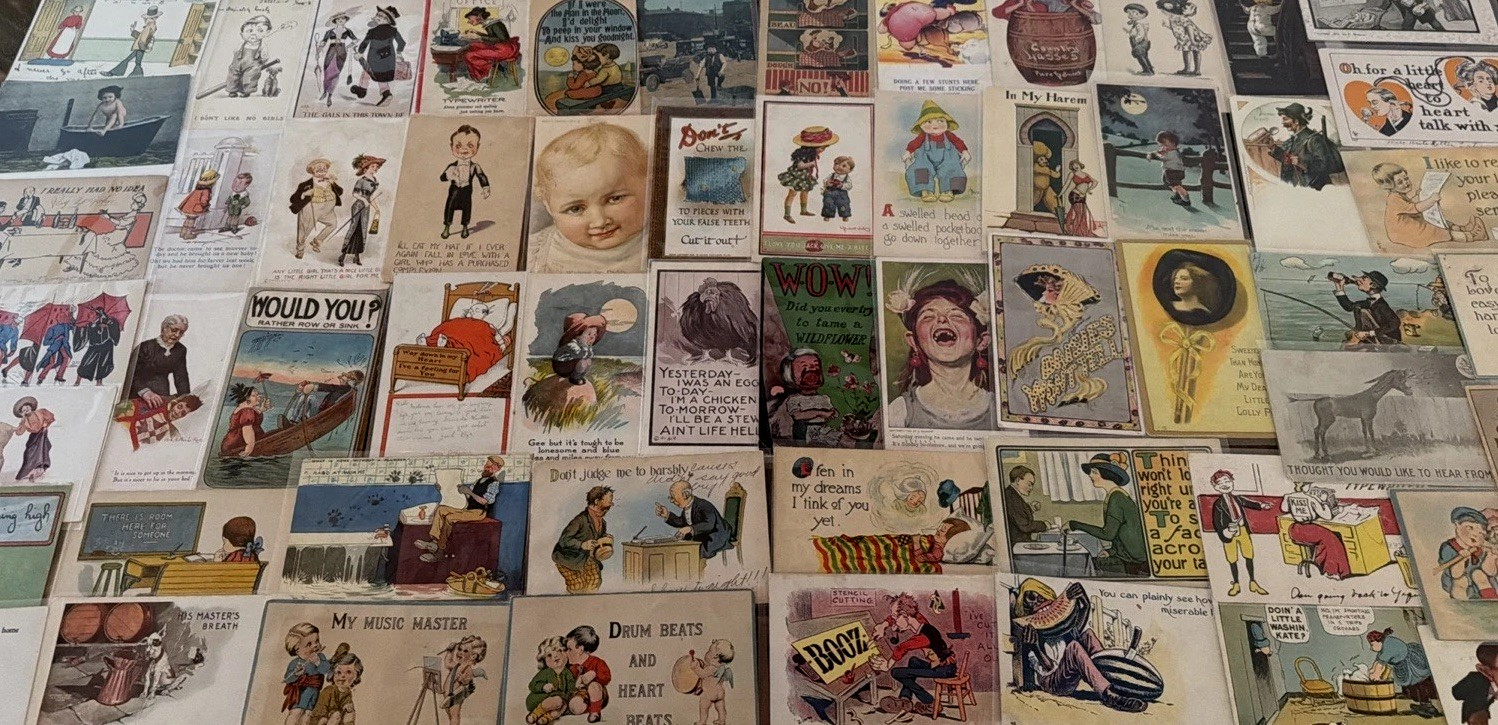 Big~LOT OF 68 Old~COMIC  funny~HUMOR~Antique 1900s~POSTCARDS- In Sleeves-s633
