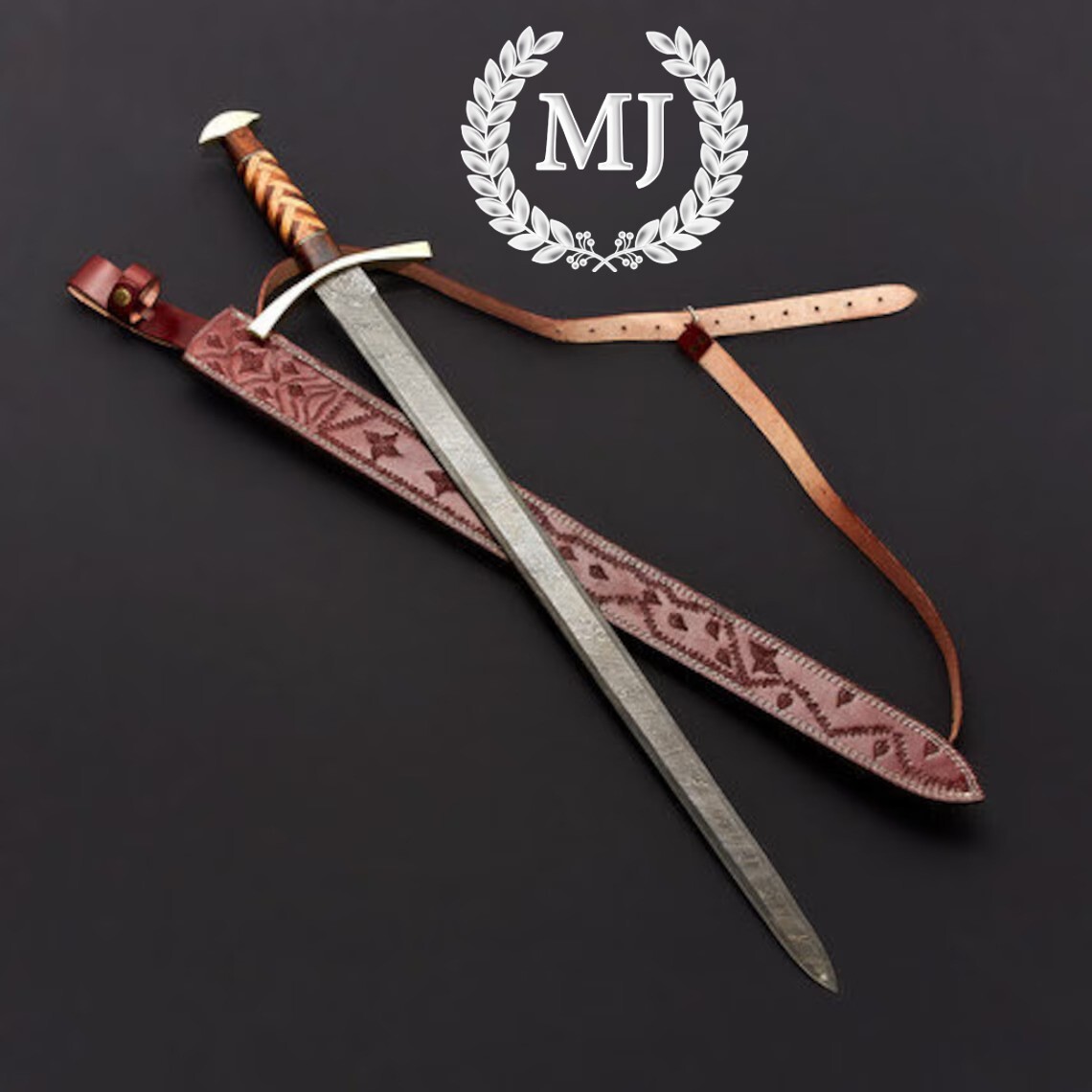 Custom Handmade Damascus Steel Viking Sword 38 Inches With Sheath