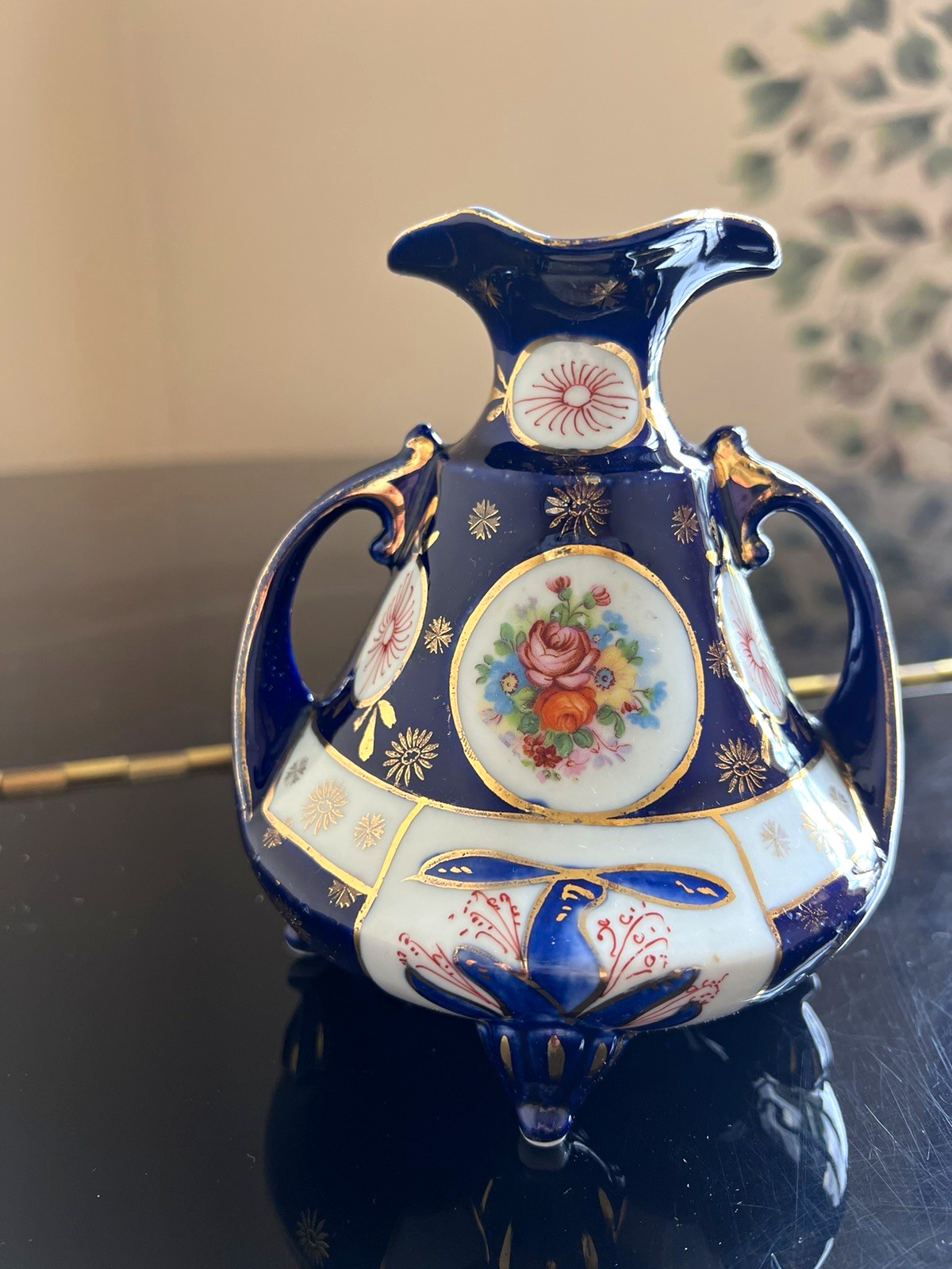 Antique Nippon Cobalt Blue Ewer Vase Hand Painted Floral Gold Gilt Footed 6