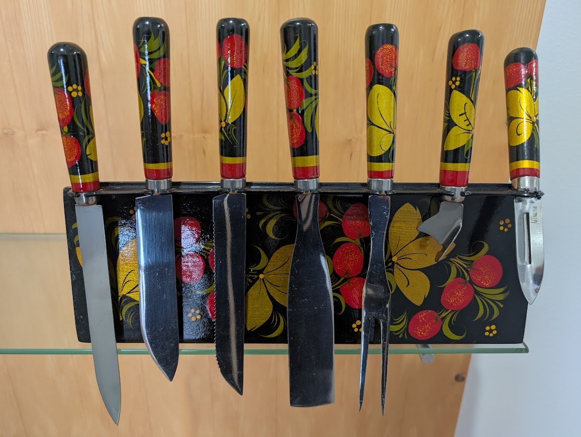 Rare Vintage Soviet Era Khokhloma Hand painted Kitchen Knifes Wall Set
