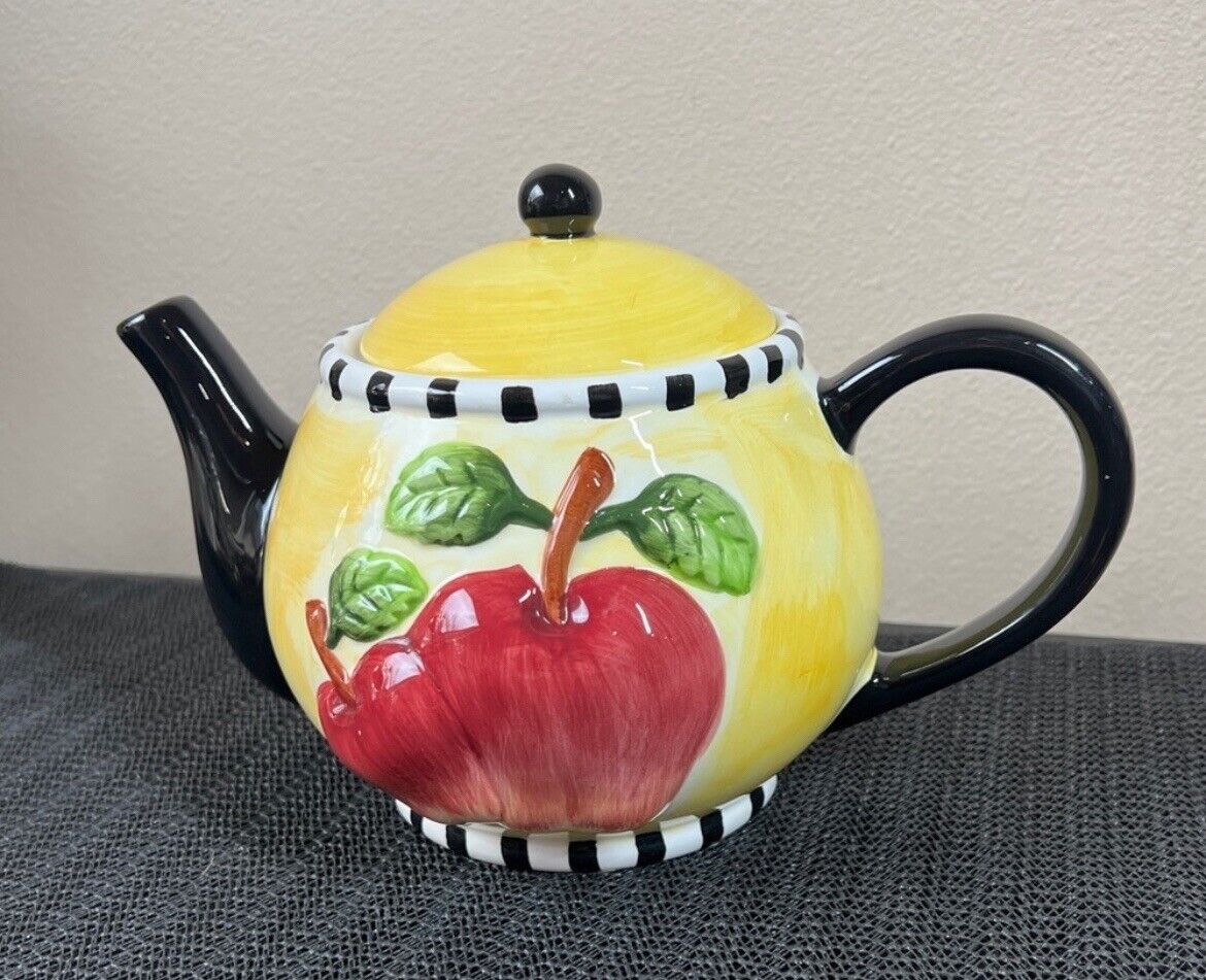 Vintage Enesco Glazed Ceramic Checkered Trim Teapot Figural Embossed Apples ***