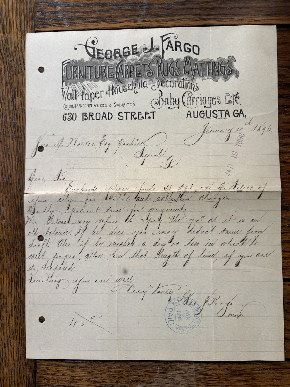 1896 George J. Fargo Augusta, GA, Merchant Letterhead,