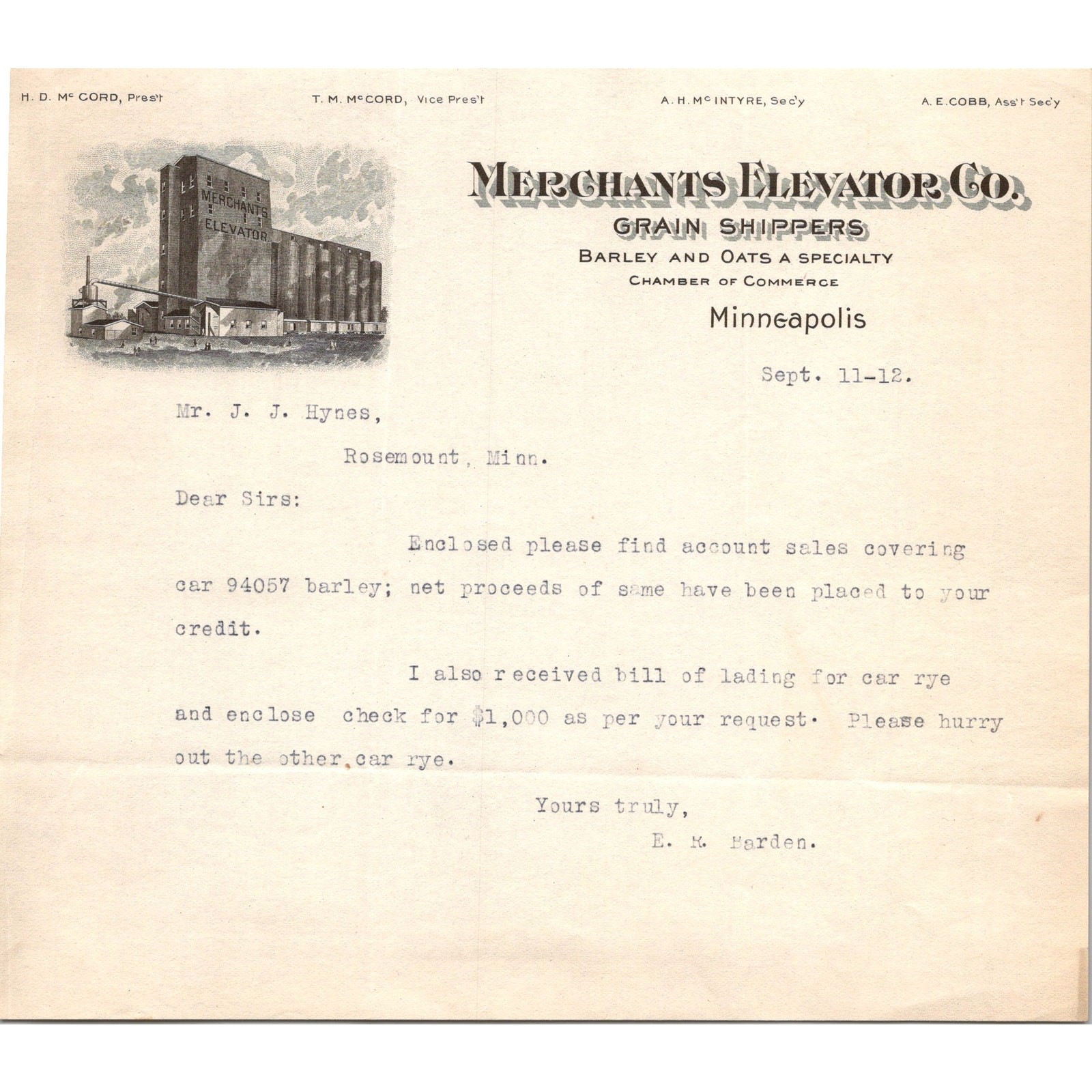 Merchants Elevator Co. 1912 T. M. McCord MN Antique Letterhead Billhead SK15