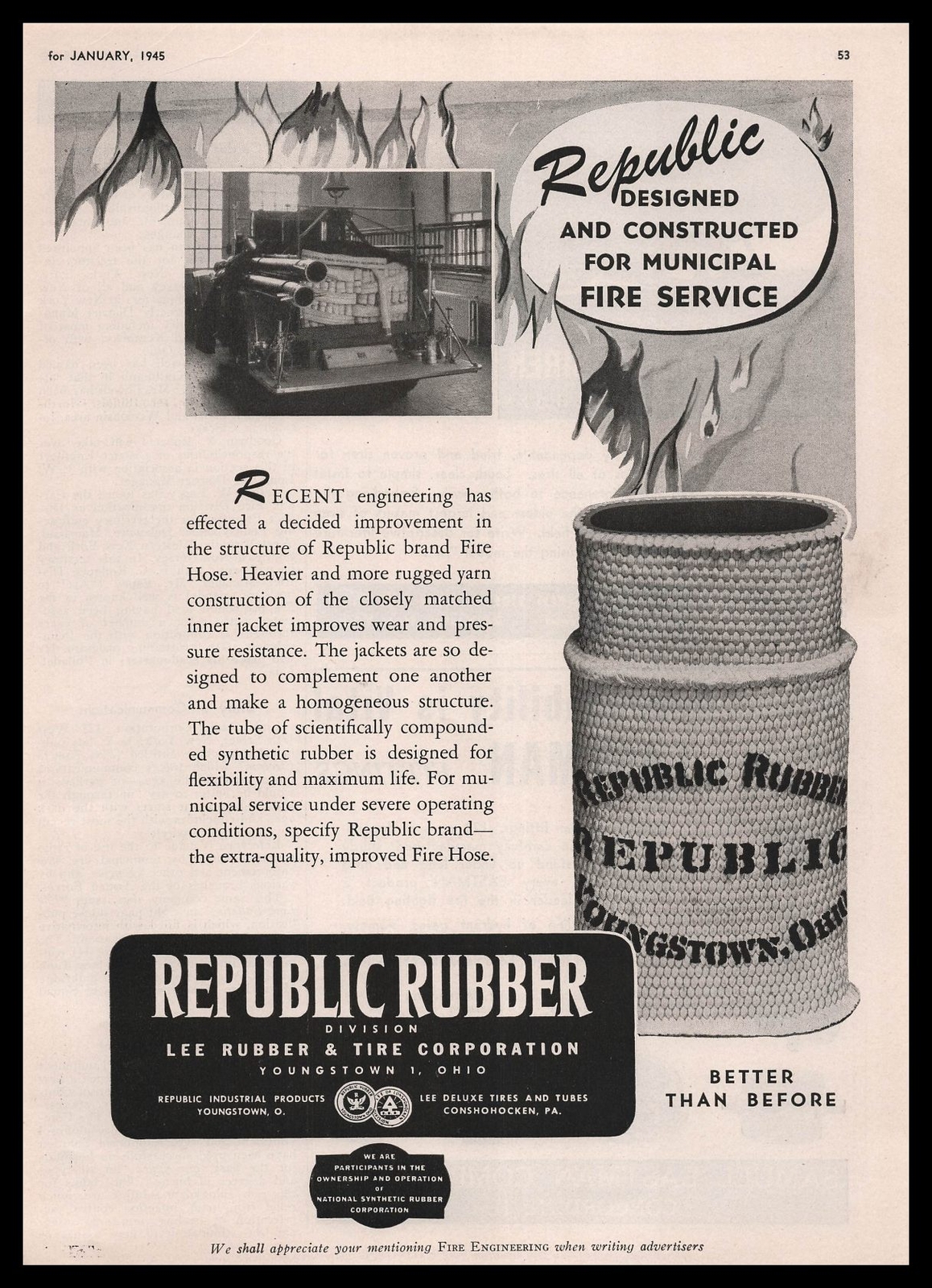 1945 Republic Youngstown Ohio Fire Department Hoses Photo Print Ad