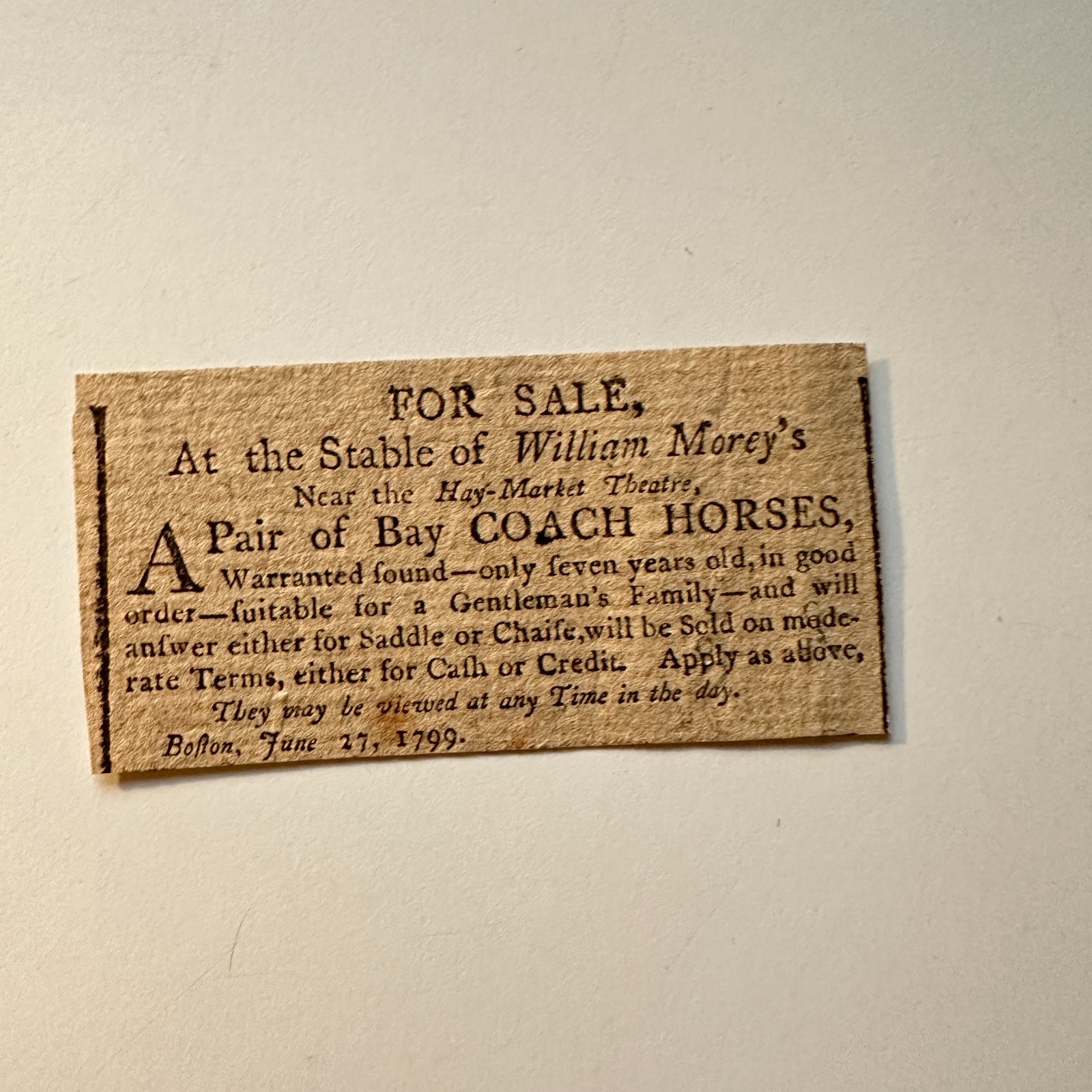 A Pair Of Bay Coach Horses For Sale June 1799 Boston 1799 Clipping 5AK9-S4