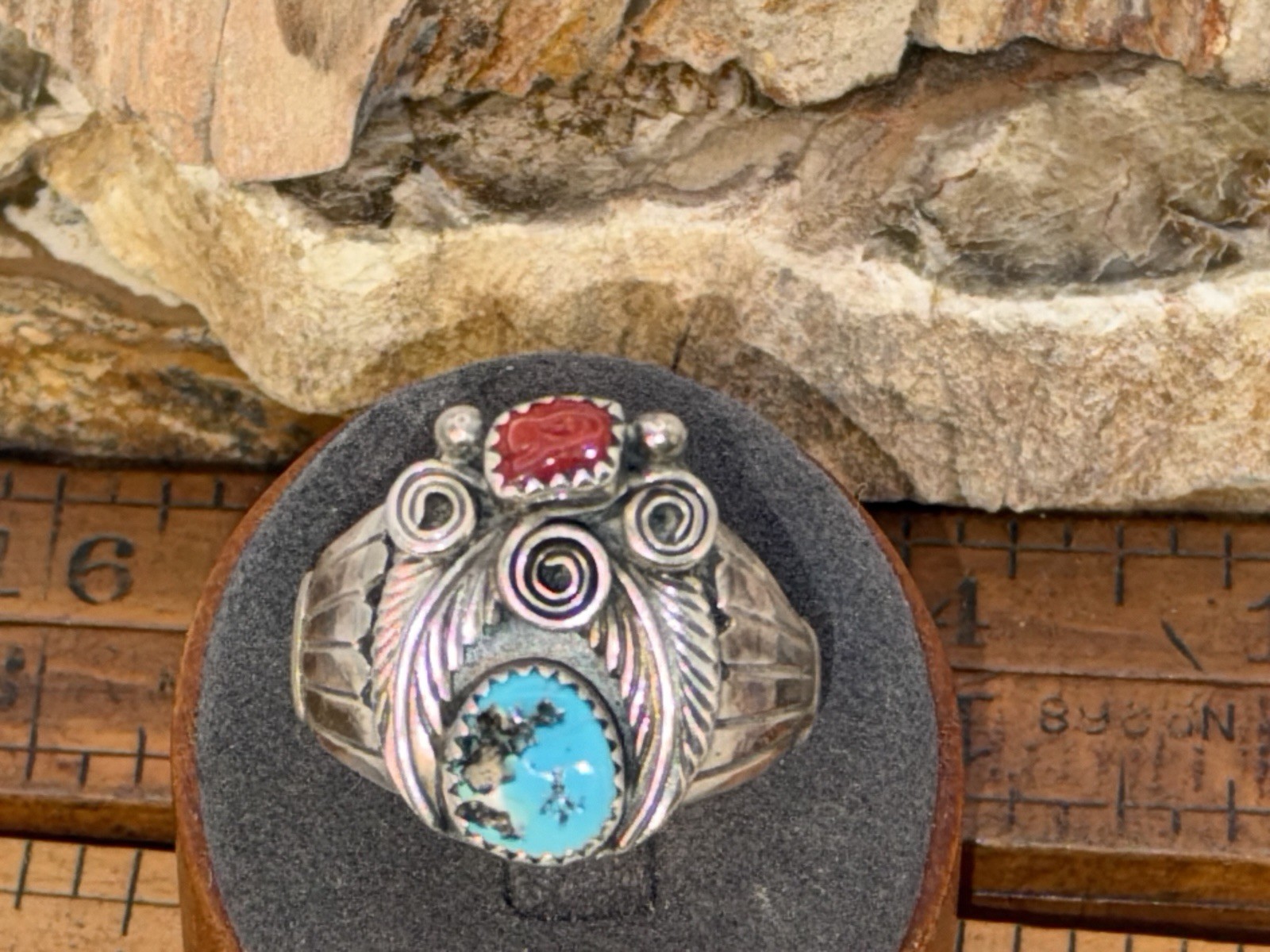 Vintage Native Navajo Sterling Turquoise Coral Blossom Ring sz 12.5--2439.26