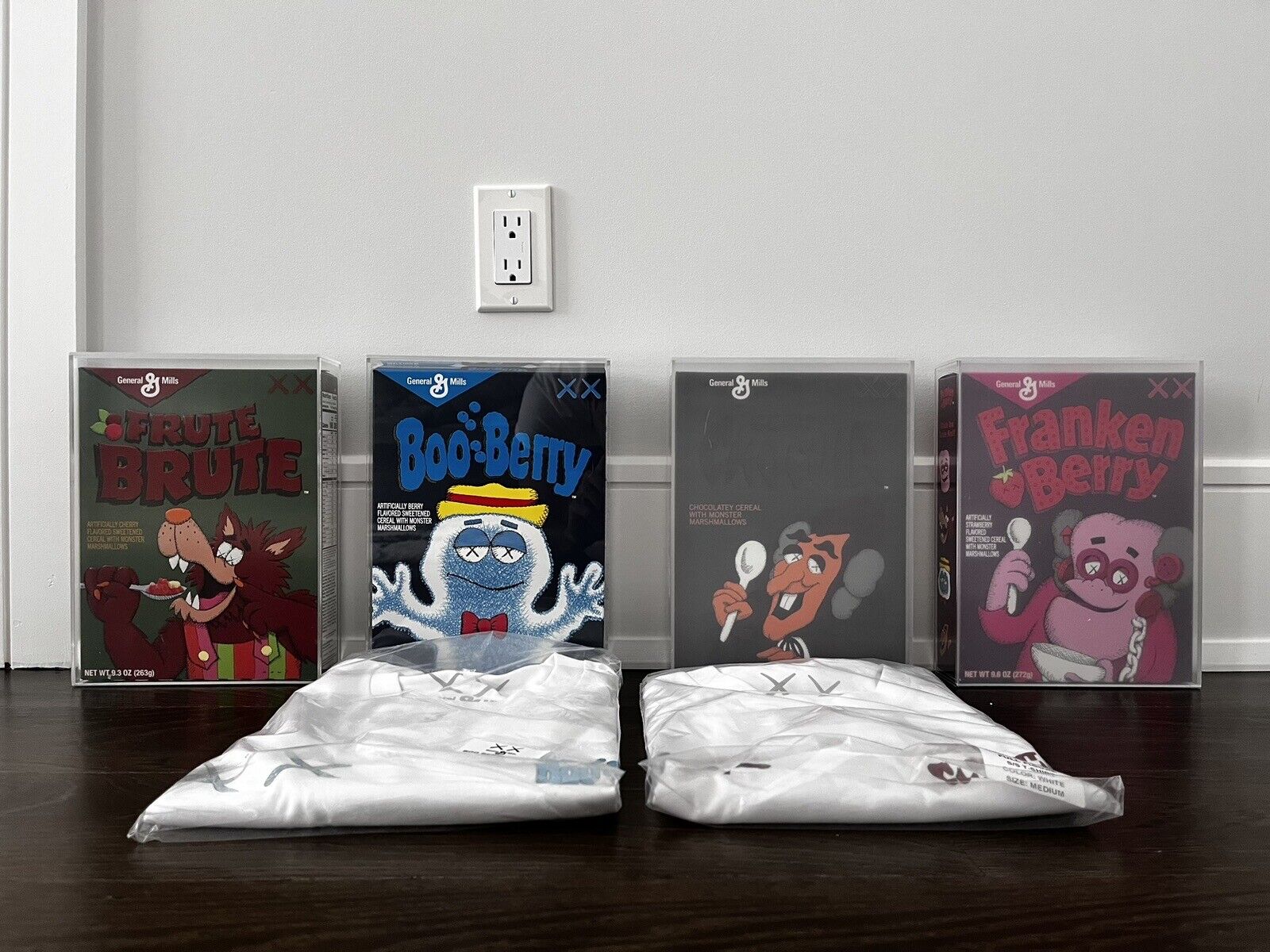 Kaws x Monsters Limited Edition Set of 4 Cereal Boxes and Shirts (Sealed)