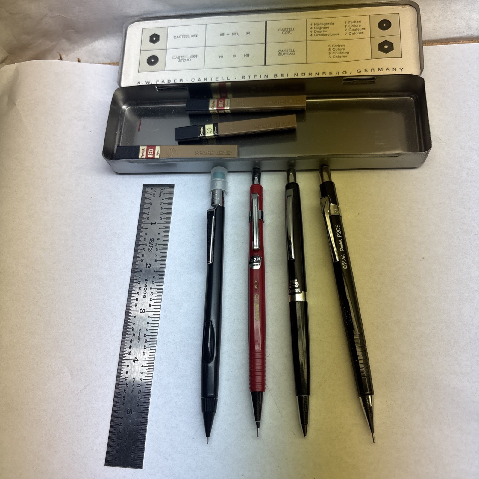 Vintage Drafting Pencil Lot Pentel P205 Uni 105 Sears Ruler Faber Castell Tin