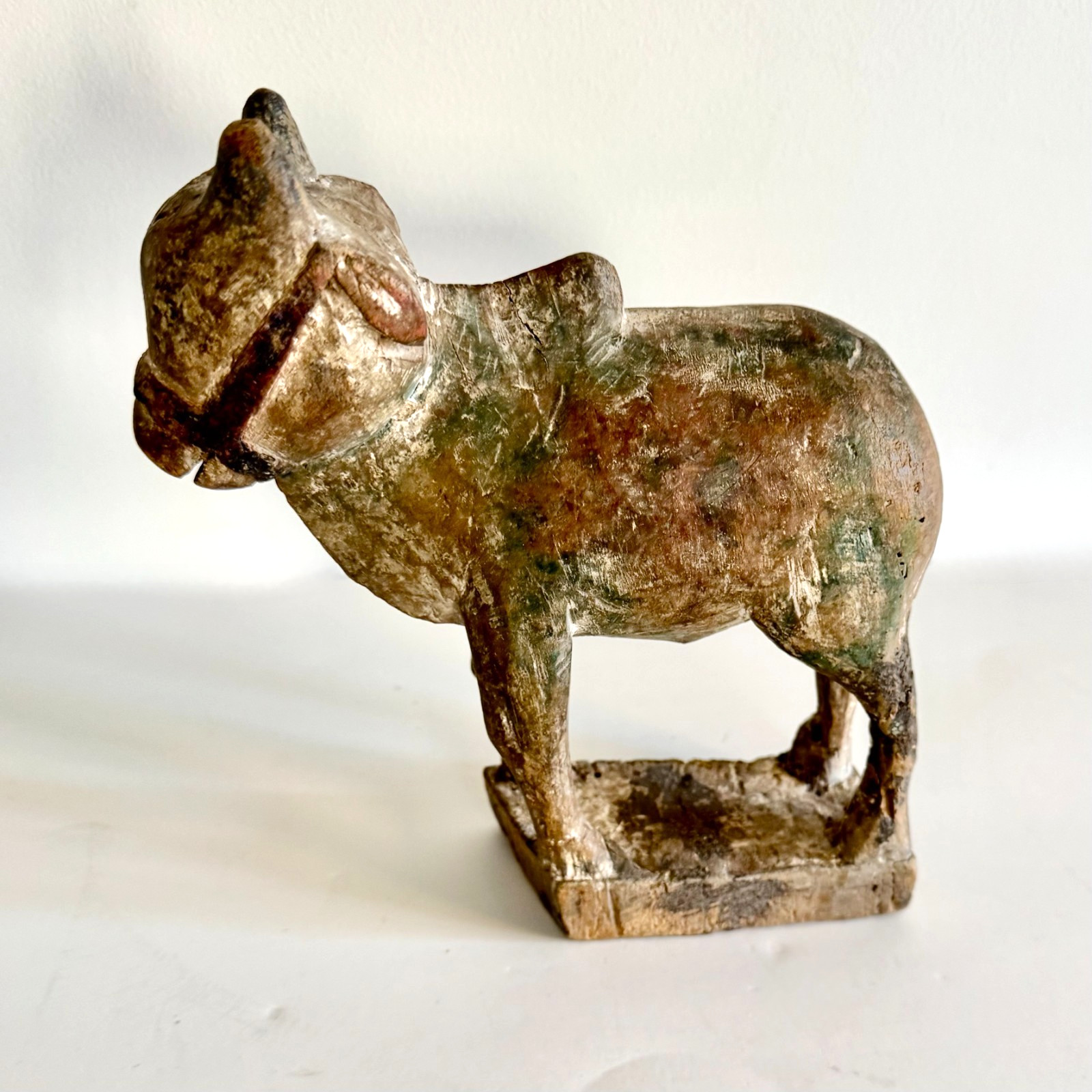 Vintage Hand Carved Wooden Bull Ox Figurine Folk Art Sculpture Painted Antique