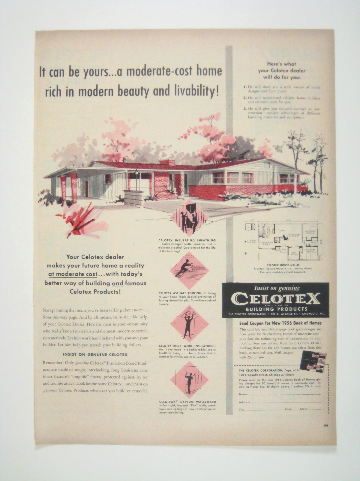 1956 Celotex Building Products Vintage Print Ad Design Midcentury Modern Home AD