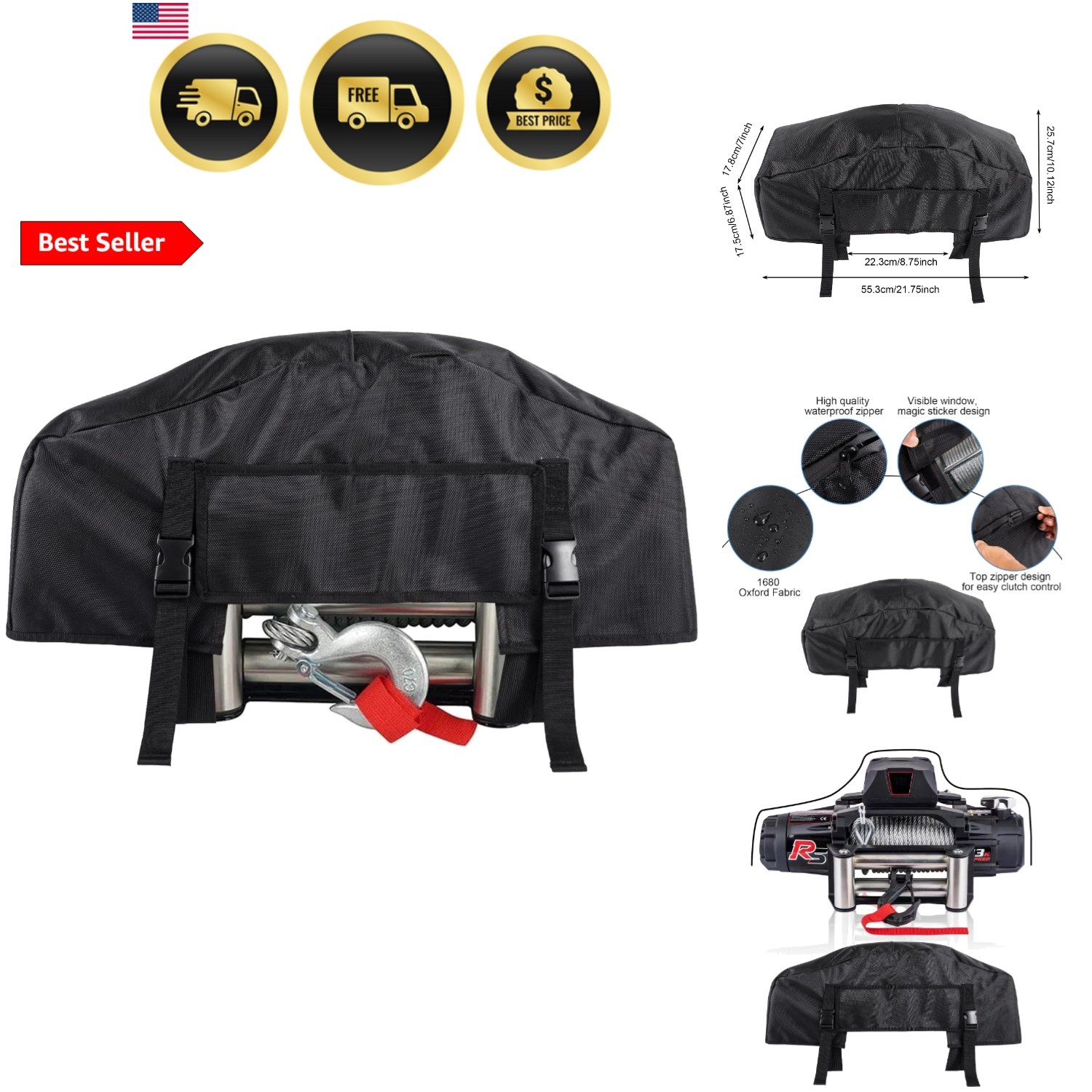 Winch Cover,Heavy Duty UV-resistant Waterproof Winch Protective Cover with Dr...