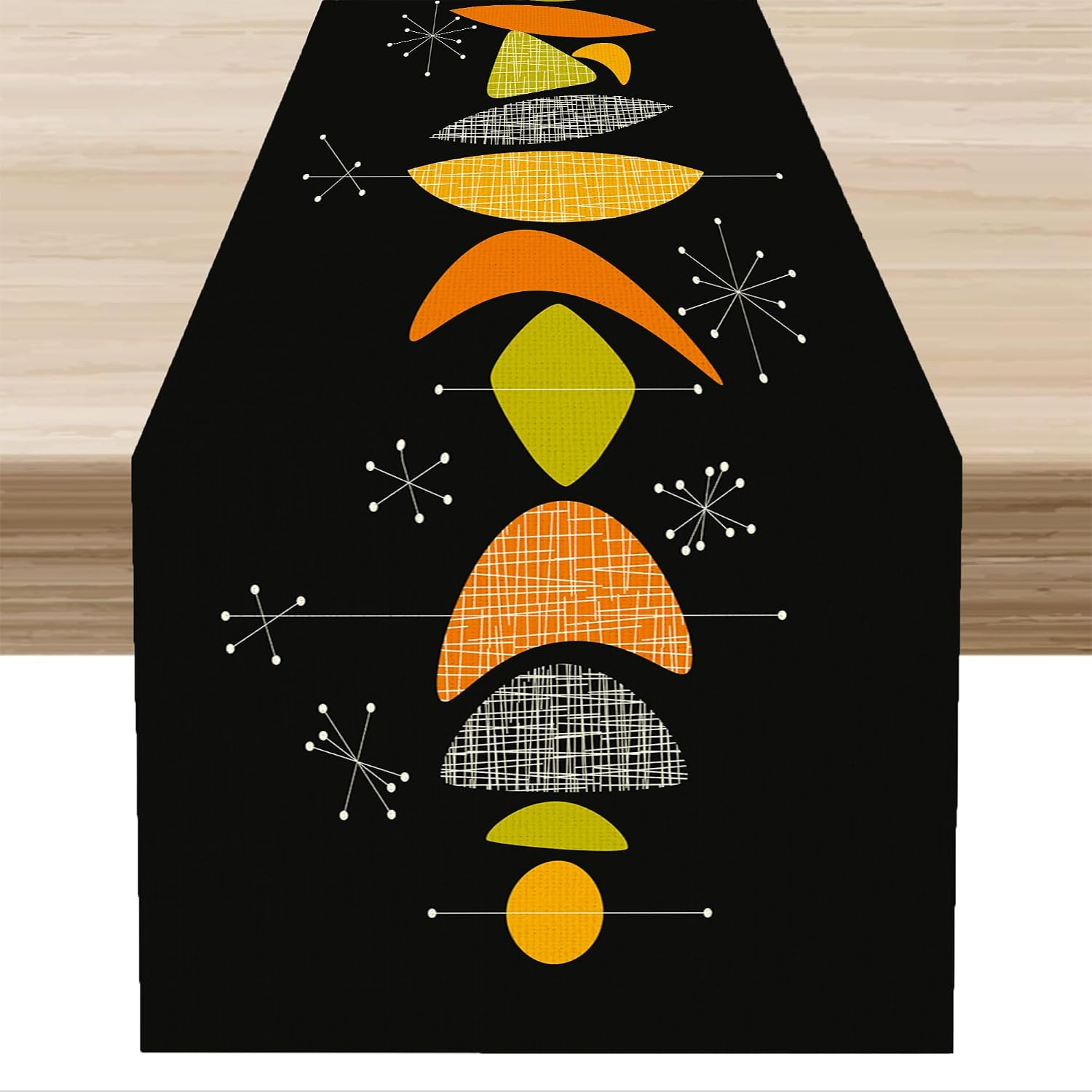 Retro Mid Century Table Runner, Vintage 1950s Atomic Modern Abstract Black Orang