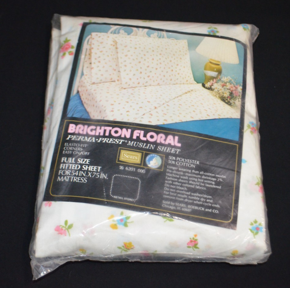 Vintage 1970\'s Sears Brighton Press Full Size Fitted Sheet New Sealed Flowers