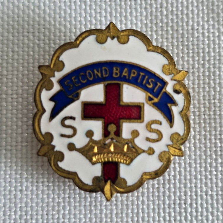 Vintage Second Baptist Sunday School Pin Little System Cross Crown Enamel