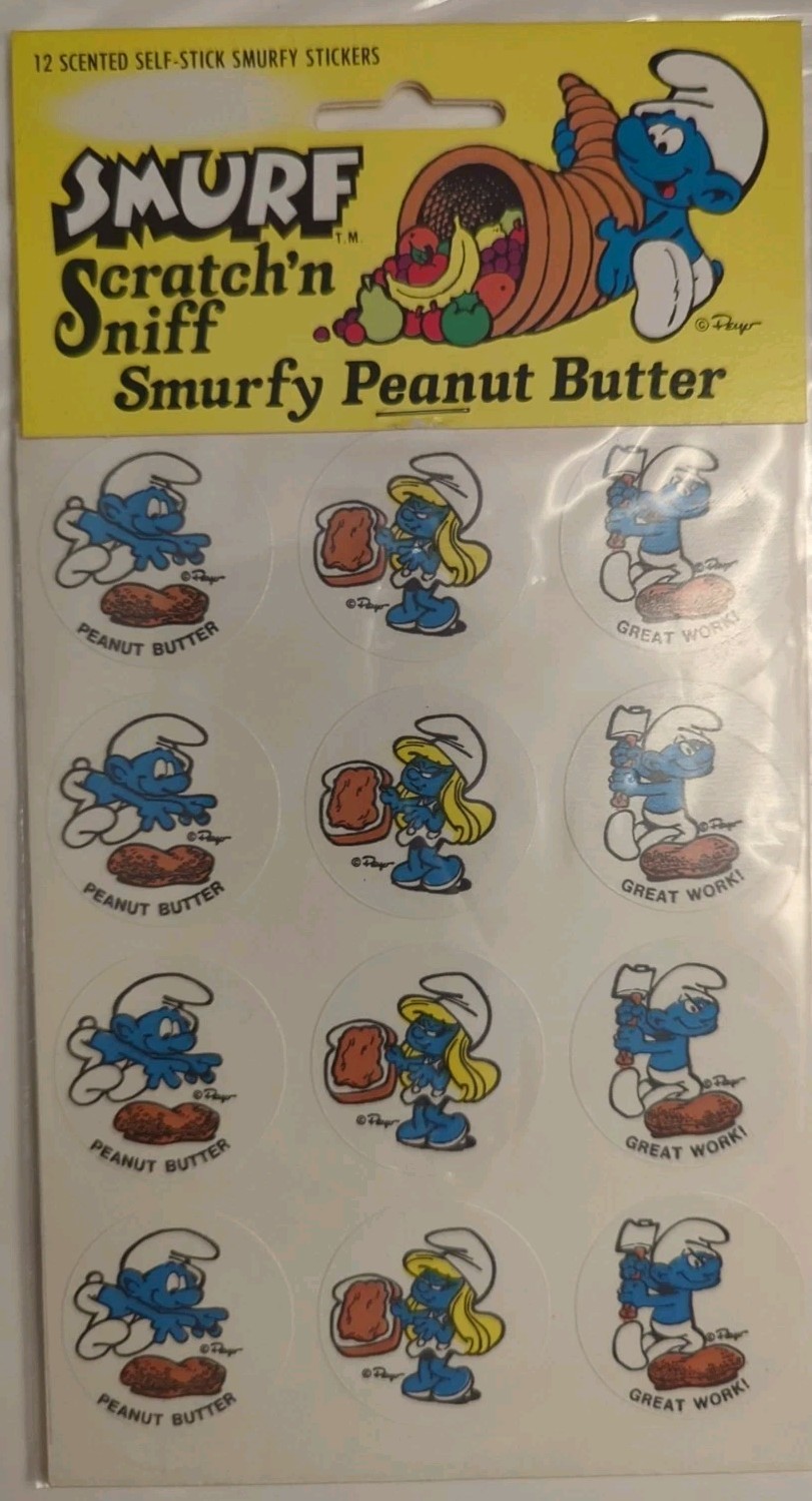 The Smurfs Scratch \'N Sniff Sticker Smurfy Peanut Butter Smurf Stickers 1982 The Smurfs Scratch \'N Sniff Sticker Smurfy Peanut Butter Smurf Stickers 1982