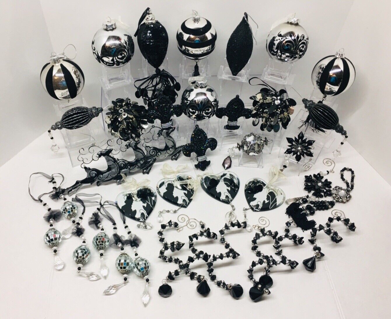 Lot of 35  Silver & Black Christmas Ornaments Ball Bling Beaded Sequin