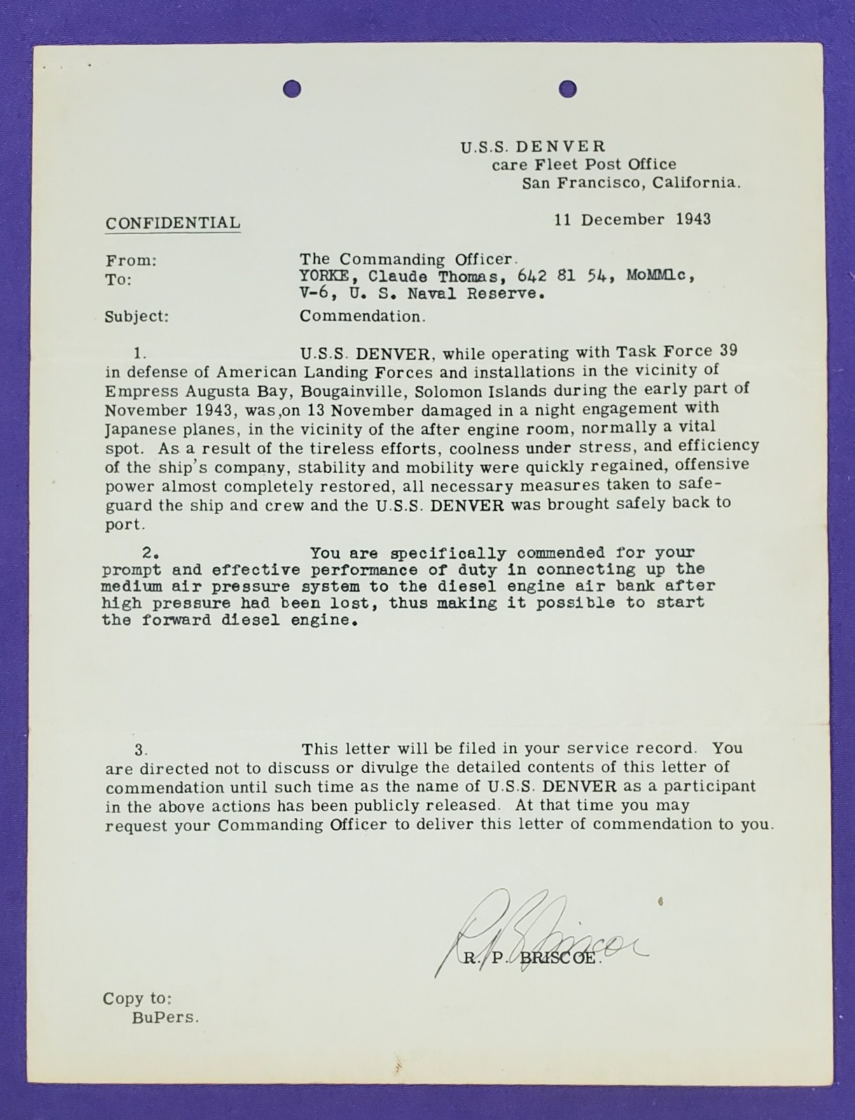 Original WW2 1943 U.S. Navy Commendation Letter - U.S.S. Denver (CL-58)