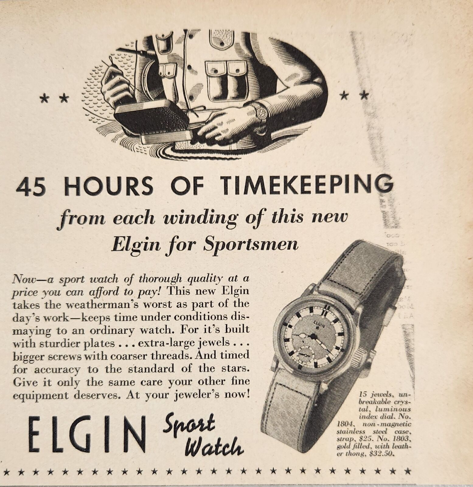 1937 Print Ad Elgin Sport Wrist Watches 15 Jewels Fly Fisherman 