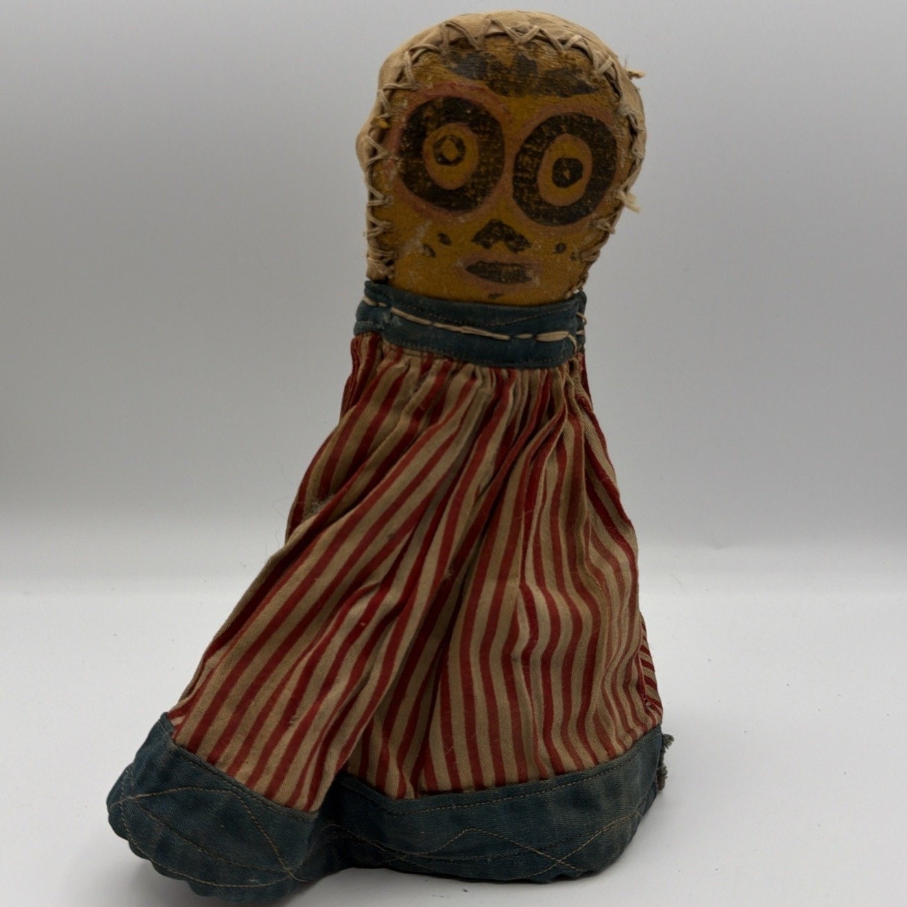 Vintage Carnival Punk Knockdown Doll Hand Painted Face Striped Canvas Folk Art
