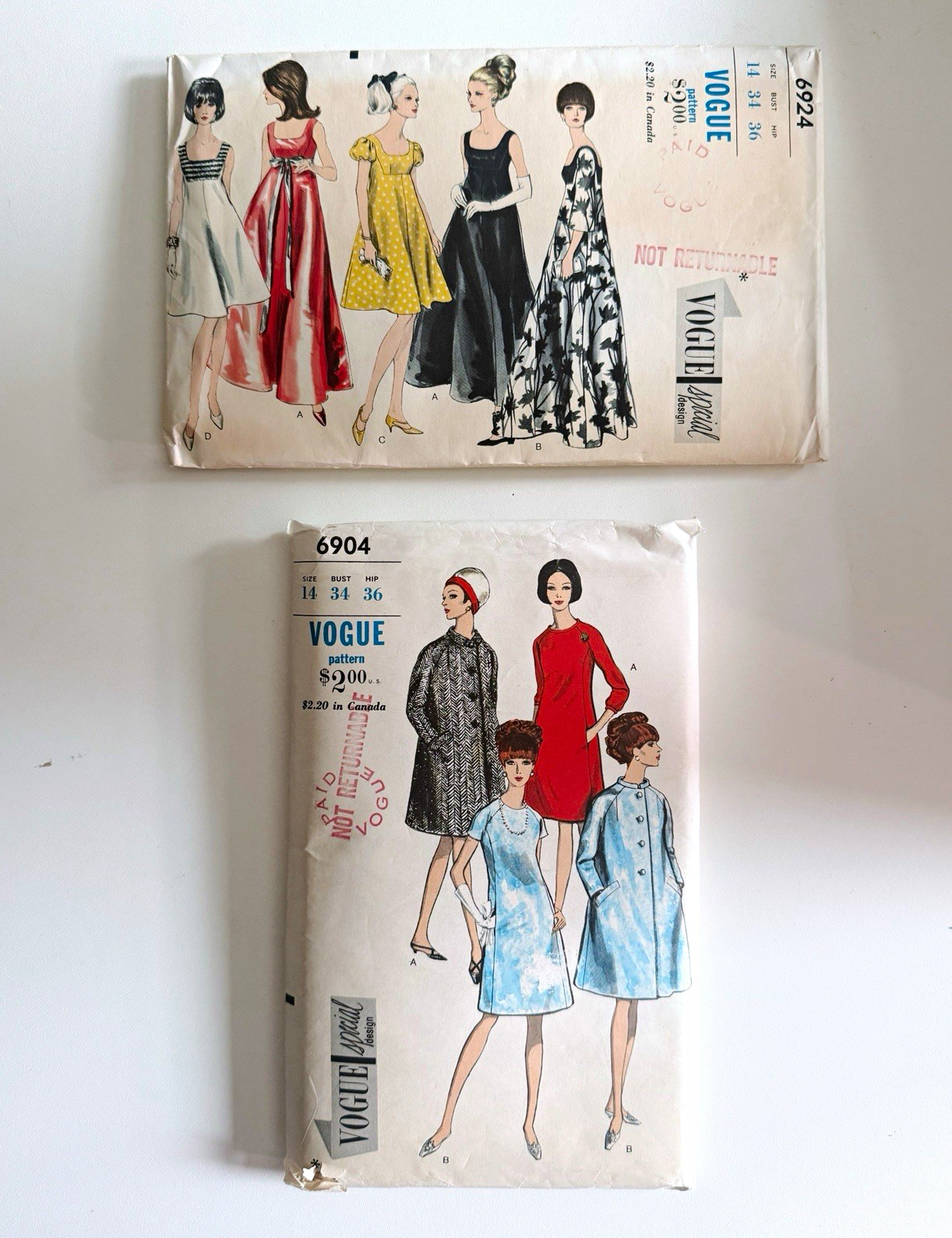 Vintage 60s Vogue Sewing Patterns Special Design Women’s Dress Lot 6924 6904