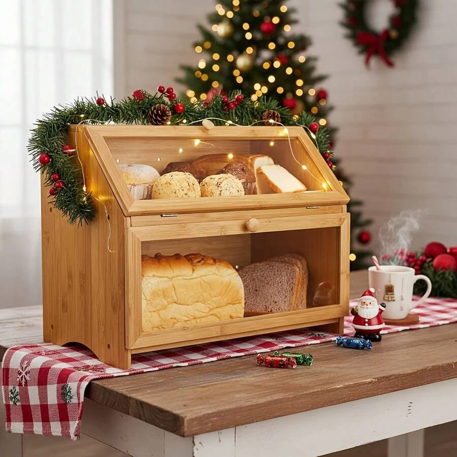 Large Wooden Bread Box with Acrylic Door Double Layer Kitchen Storage Bin