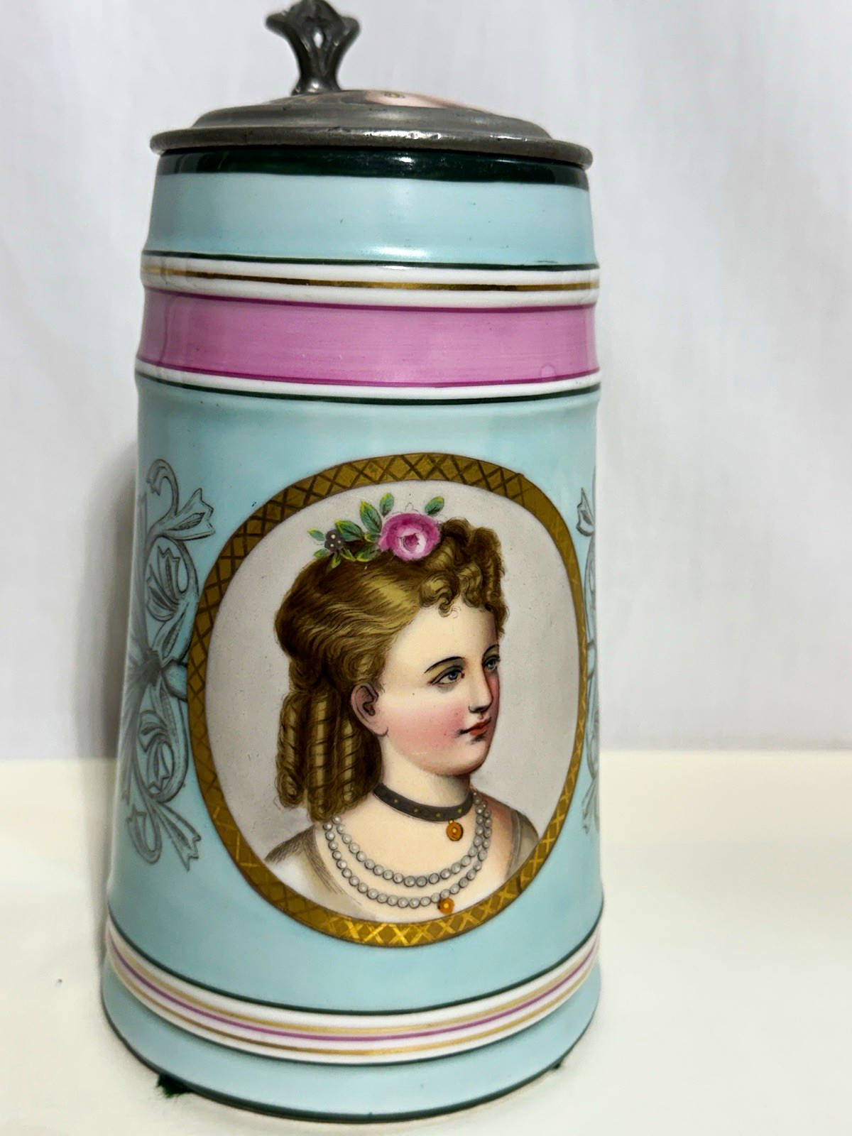 UNIQUE Dresden Porcelain Beer Stein Lithophane FW Rossner Pewter Lid Portrait