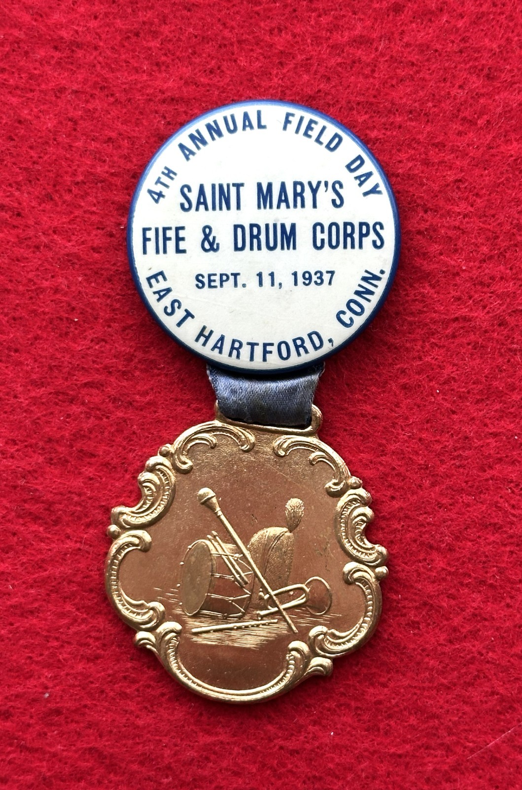 1937 Saint Mary’s Fife & Drum Corps Field Day Medal Badge – East Hartford CT 1937 Saint Mary’s Fife & Drum Corps Field Day Medal Badge – East Hartford CT