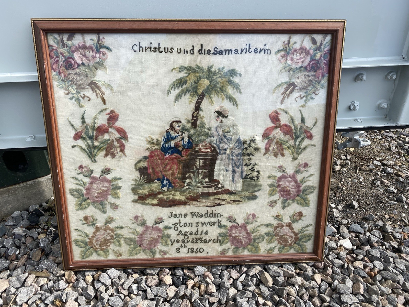 Antique 1860 Victorian Needlework Sampler Tapestry Jane Waddington Framed Folk