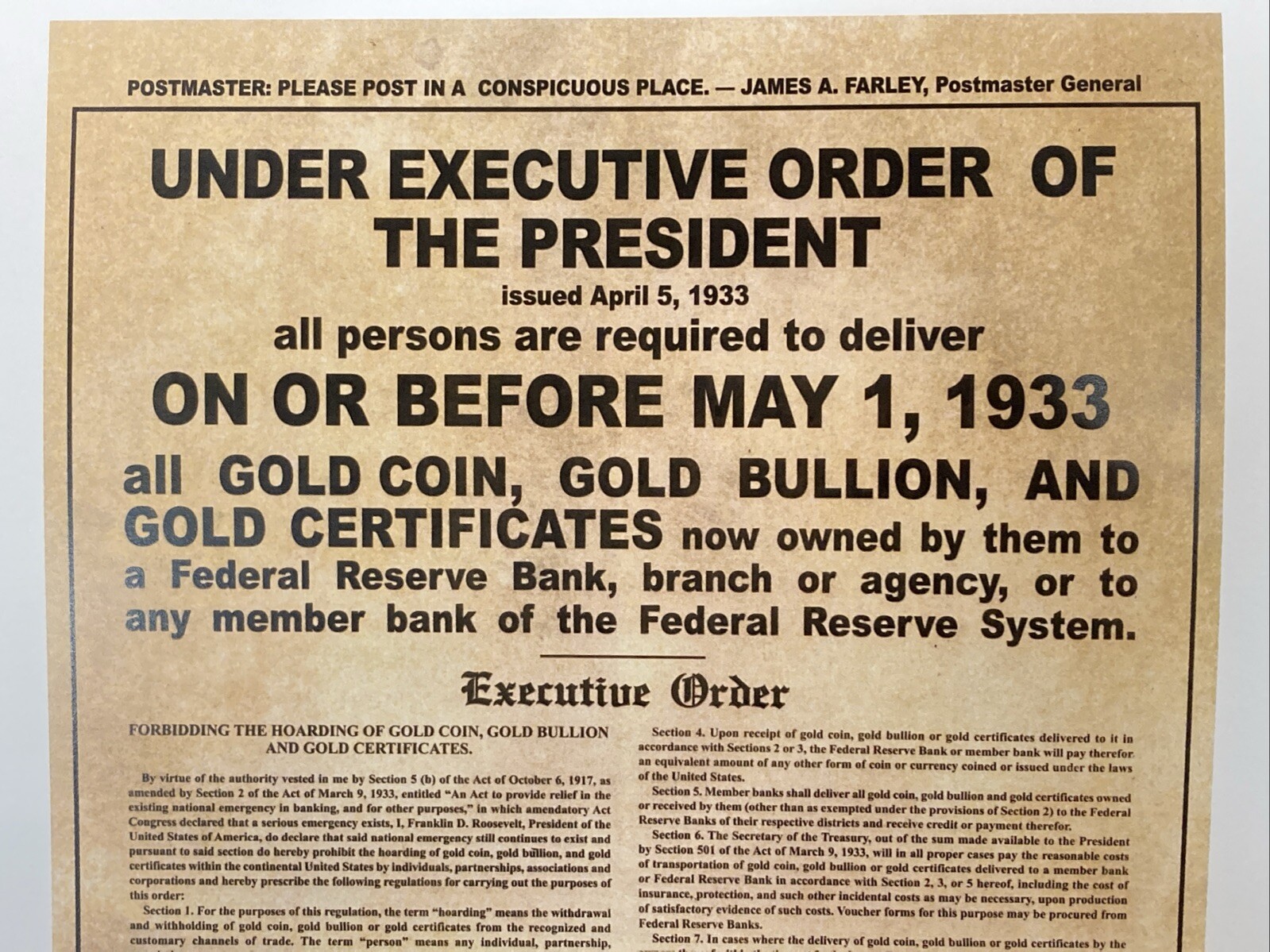1933 Gold Confiscation Poster FDR Executive Order 6102 - (Enhanced REPRODUCTION)
