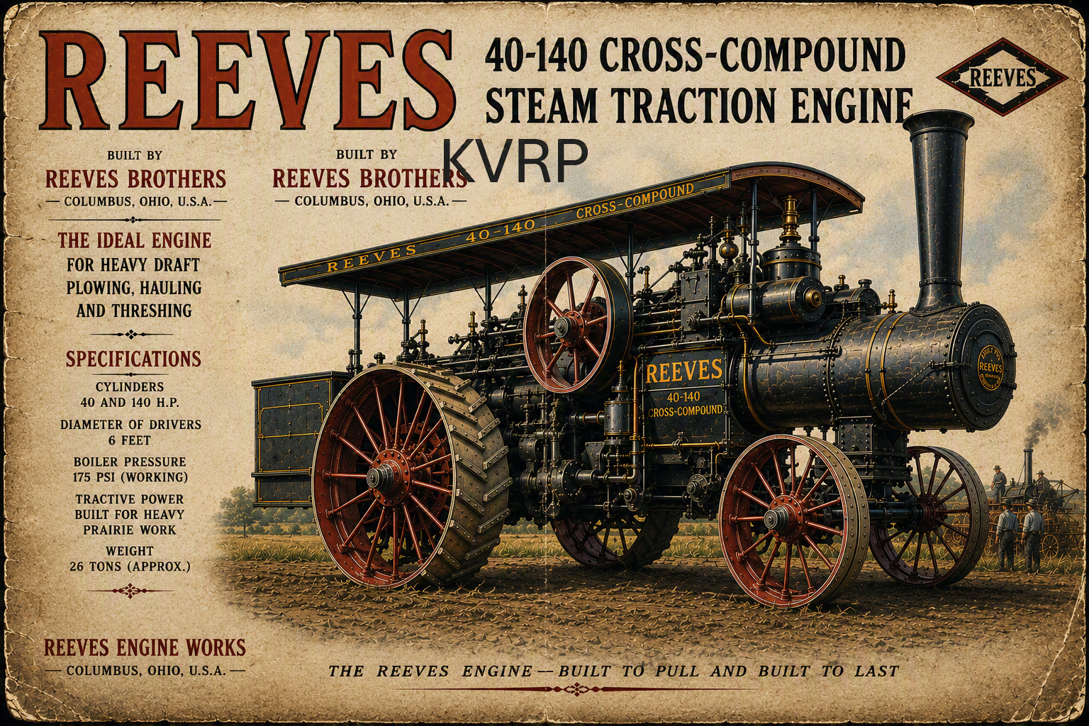1912 Reeves 40-140 Cross-Compound Steam Traction Engine Museum Poster  17 x 11
