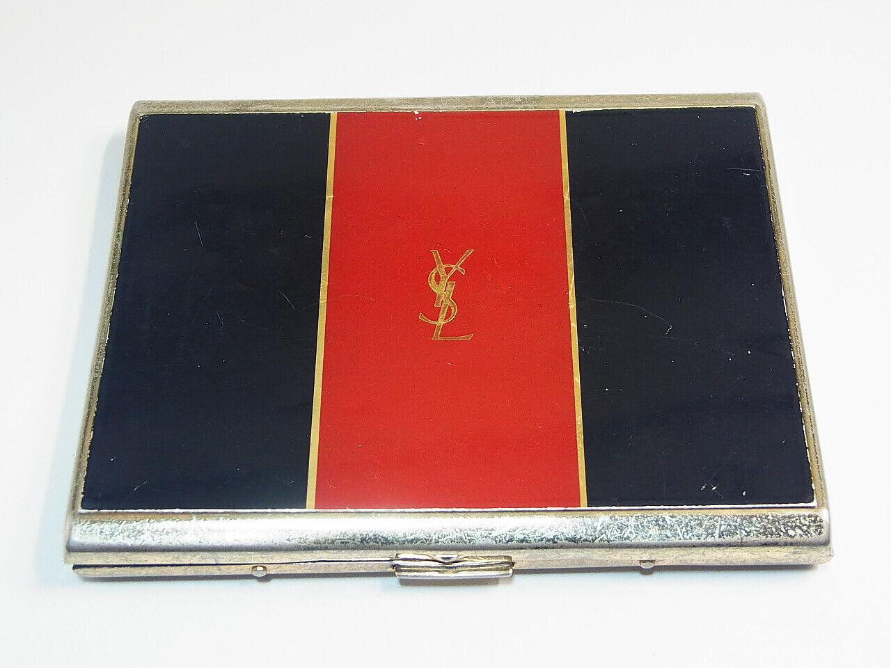 Auth Yves Saint Laurent YSL Cigarette Case Card Holder Red Black Gold