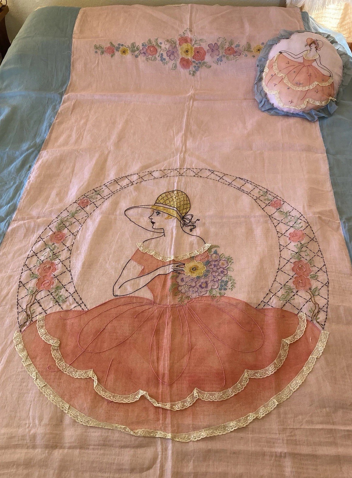 Antique 1926 COMPLETED Bucilla Embroidered Floral Bedspread And Bolster w/ Lady