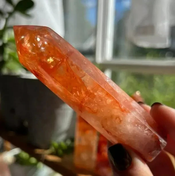 Natural Fire Quartz Hematoid Crystal Tower Point Healing Reiki Obelisk Decor