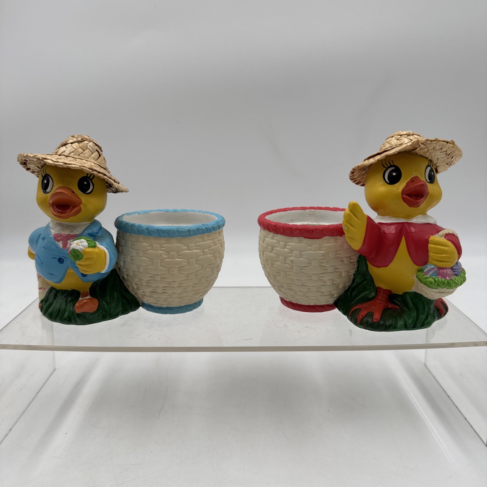 Vtg Hand Painted Ceramic Chick/Duck Planters With Straw Hats Adorable