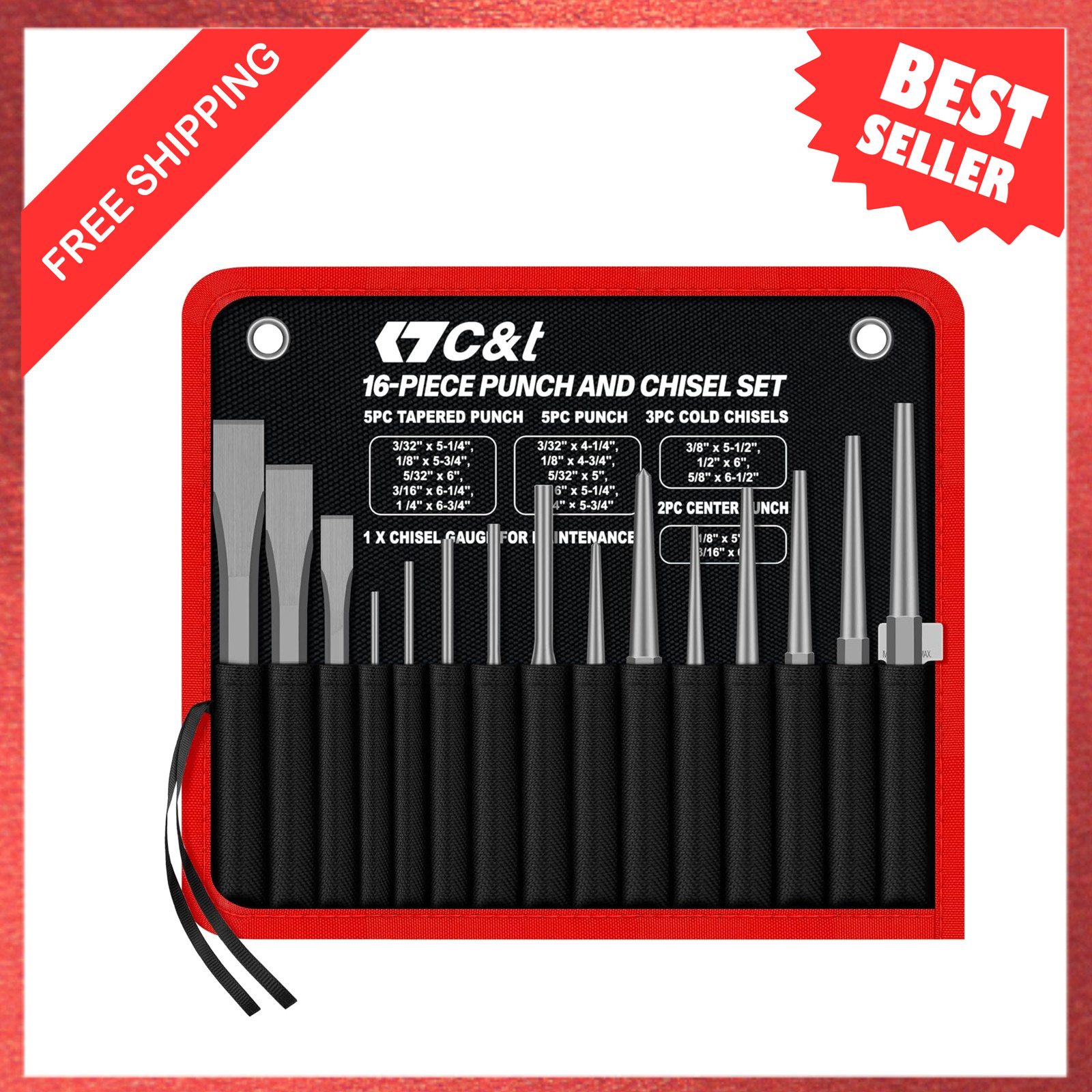 16-Piece Punch and Chisel Set with Storage Pouch, Chrome Vanadium Steel, Home 16-Piece Punch and Chisel Set with Storage Pouch, Chrome Vanadium Steel, Home