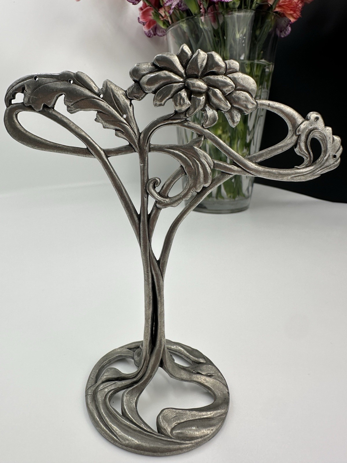 Vintage Seagull Pewter Art Nouveau Jewelry / Earring Holder Floral Vanity Gift