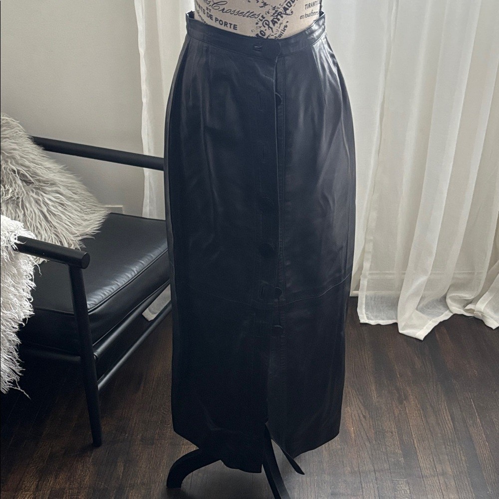 Vintage Balenciaga Black Leather Long Skirt xs