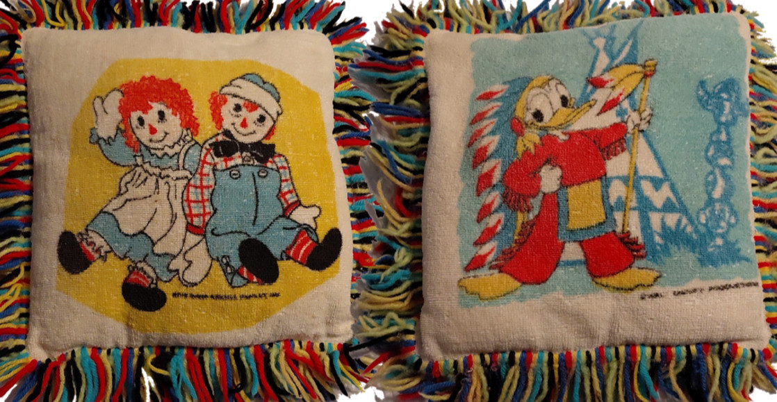 Vtg 1970s Terrycloth Fringe Pillow Donald Duck Frontierland Raggedy Ann Upcycled