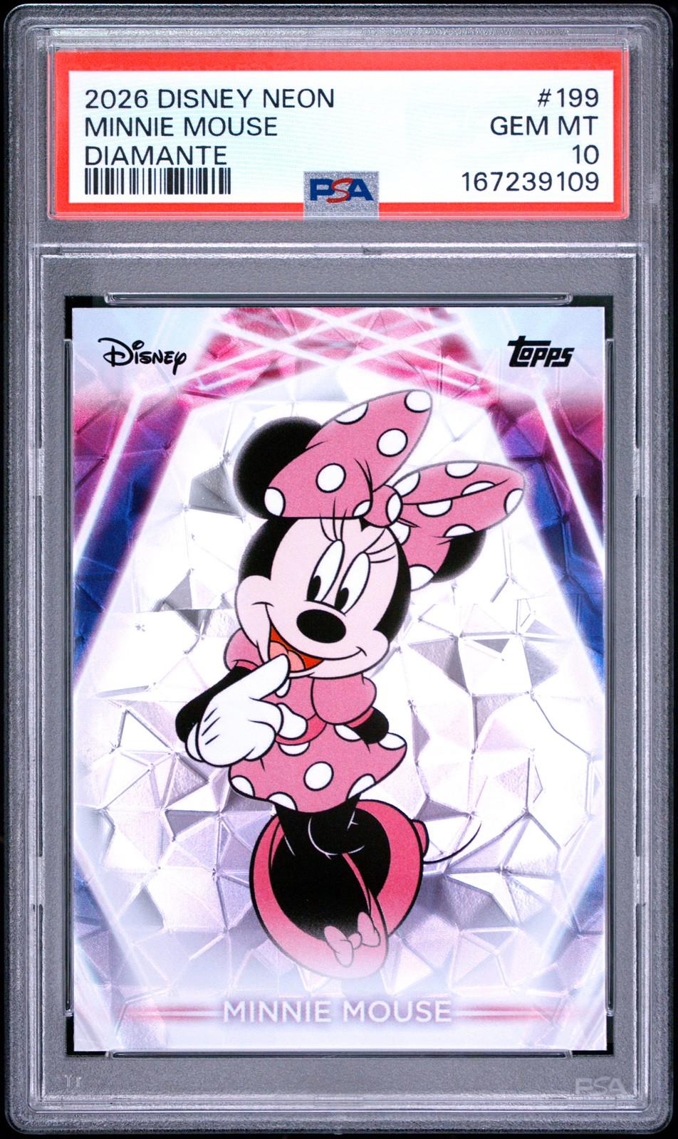 2026 TOPPS DISNEY NEON DIAMANTE #199 MINNIE MOUSE PSA 10