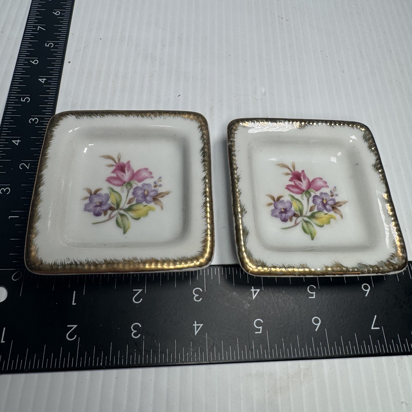 2 Fern Hand Painted Trinket Dish Floral Gold Trim Ceramic 3”x3” VTG 1940’s, 50’s