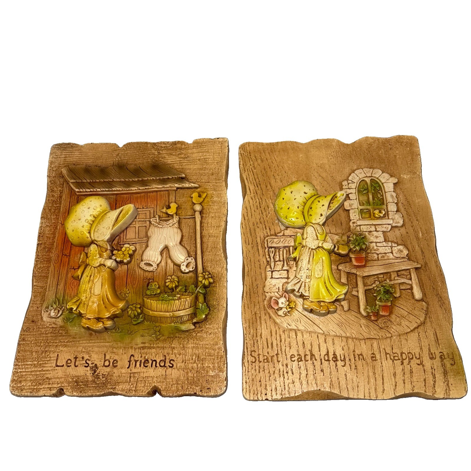 Vintage 1970s Holly Hobbie Molded Plastic Wall Plaques Set of 2 Country Cottage 