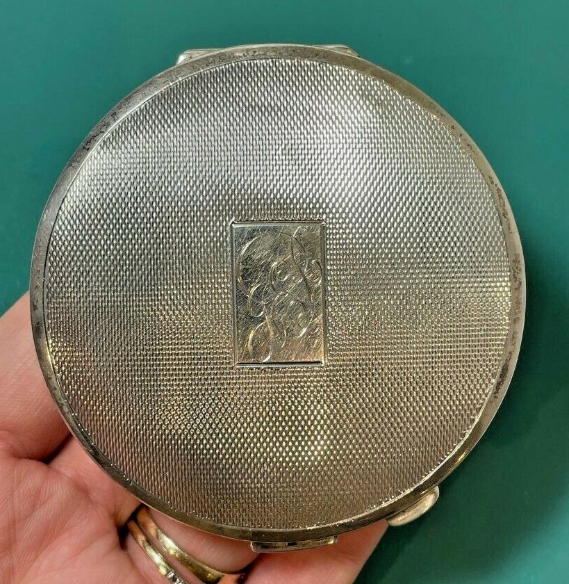 Antique Hallmarked British Monogram Engraved JER Silver Compact  Mirror 77g